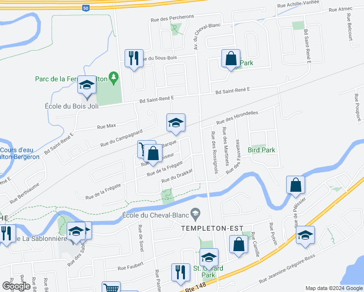 map of restaurants, bars, coffee shops, grocery stores, and more near 40 Vaisseau Street in Gatineau