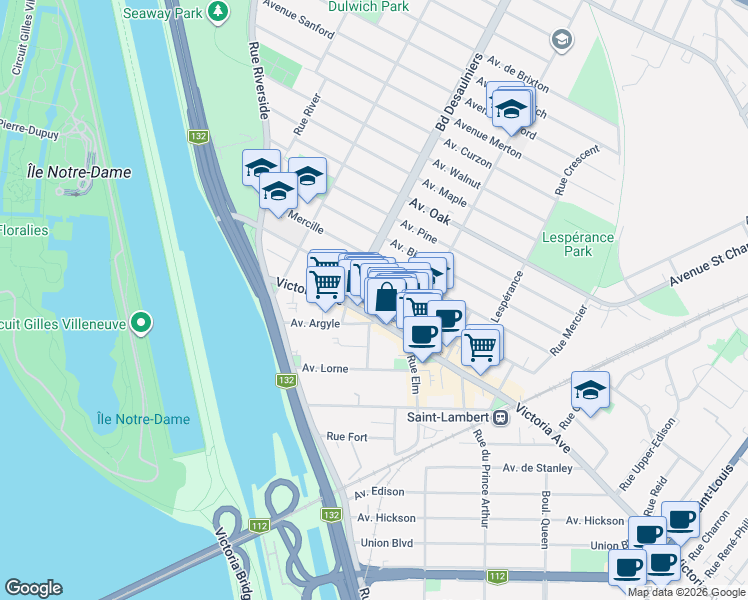 map of restaurants, bars, coffee shops, grocery stores, and more near 5 Rue d'Aberdeen in Saint-Lambert