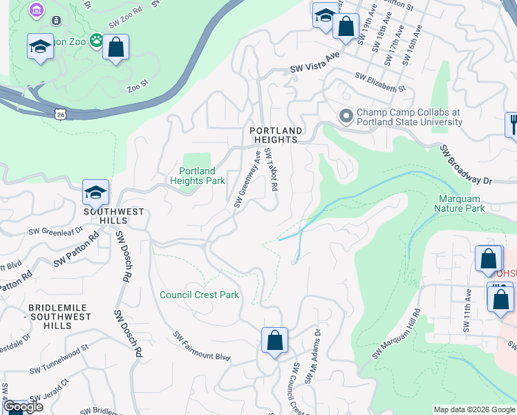 map of restaurants, bars, coffee shops, grocery stores, and more near 2700 Southwest Talbot Road in Portland