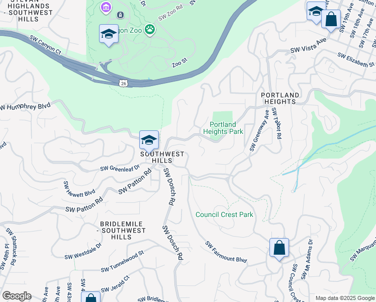 map of restaurants, bars, coffee shops, grocery stores, and more near 3425 Southwest Brentwood Drive in Portland