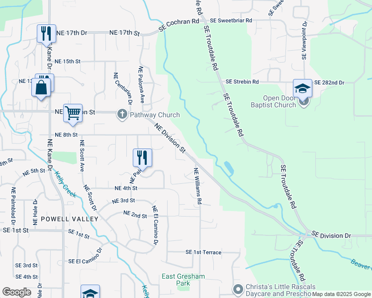 map of restaurants, bars, coffee shops, grocery stores, and more near 4423 Northeast Division Street in Gresham