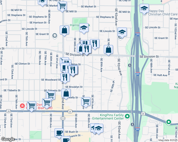 map of restaurants, bars, coffee shops, grocery stores, and more near 2737 Southeast 87th Avenue in Portland