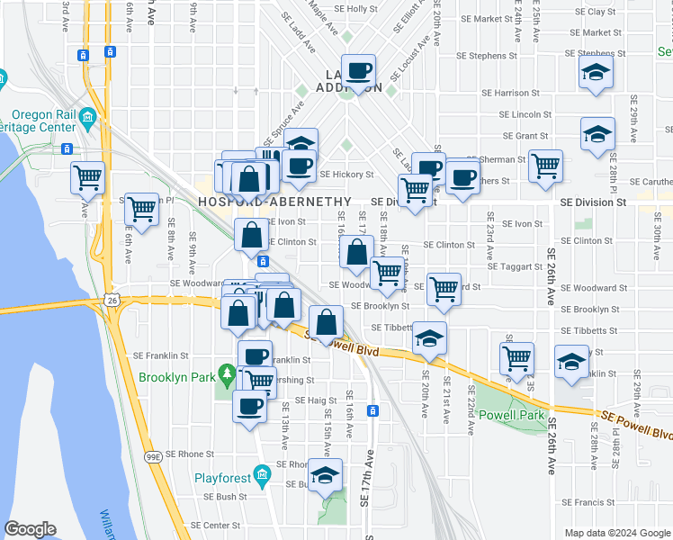 map of restaurants, bars, coffee shops, grocery stores, and more near 2813 Southeast 16th Avenue in Portland
