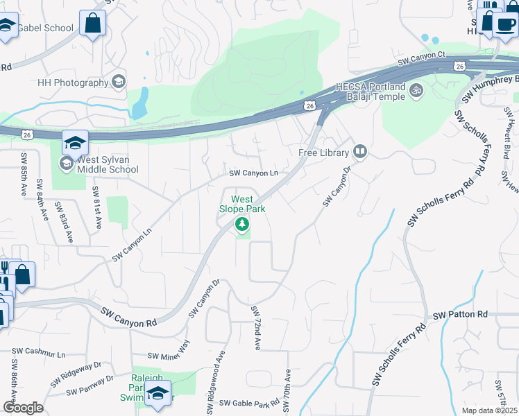 map of restaurants, bars, coffee shops, grocery stores, and more near 7130 Southwest Canyon Road in Portland