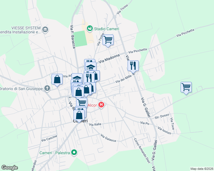 map of restaurants, bars, coffee shops, grocery stores, and more near 4C Via dei Mille in Cameri