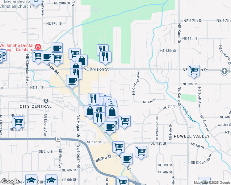 map of restaurants, bars, coffee shops, grocery stores, and more near 2312 Northeast 7th Court in Gresham