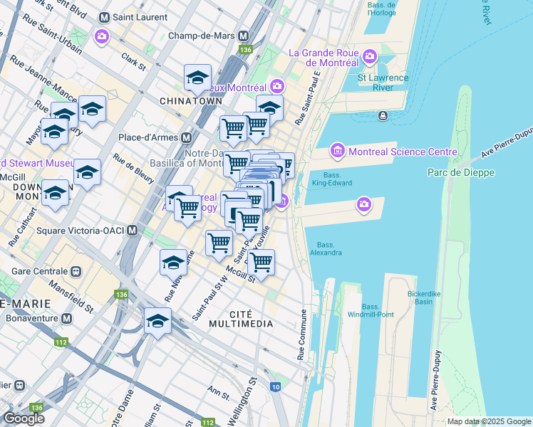 map of restaurants, bars, coffee shops, grocery stores, and more near 165 Rue Saint-Paul Ouest in Montréal