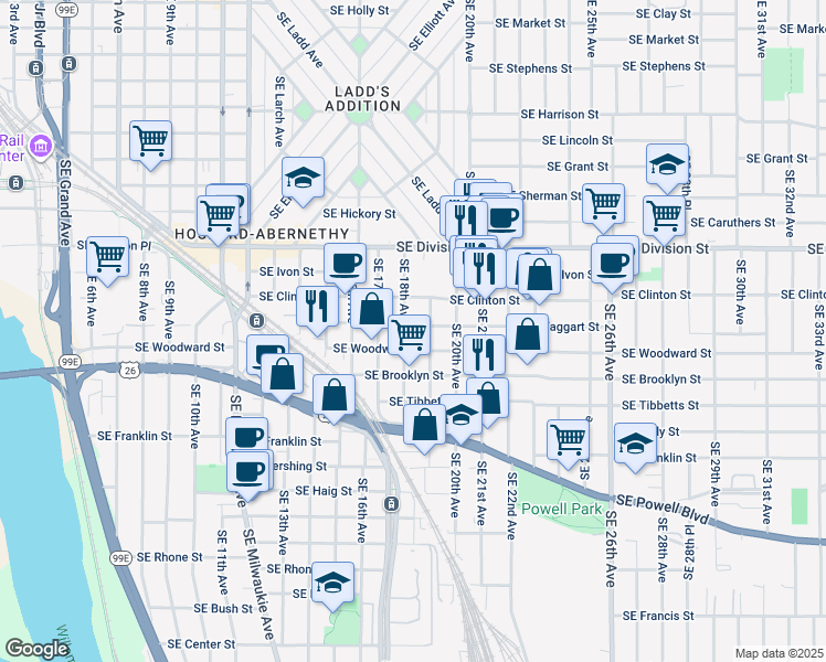 map of restaurants, bars, coffee shops, grocery stores, and more near 2808 Southeast 18th Avenue in Portland