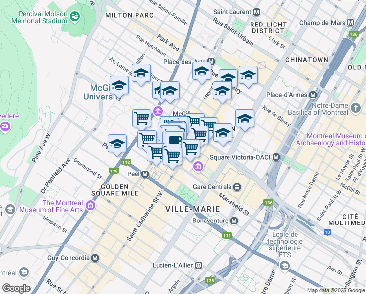 map of restaurants, bars, coffee shops, grocery stores, and more near in Montreal