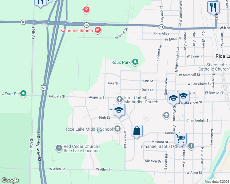 map of restaurants, bars, coffee shops, grocery stores, and more near 102 Havel Road in Rice Lake