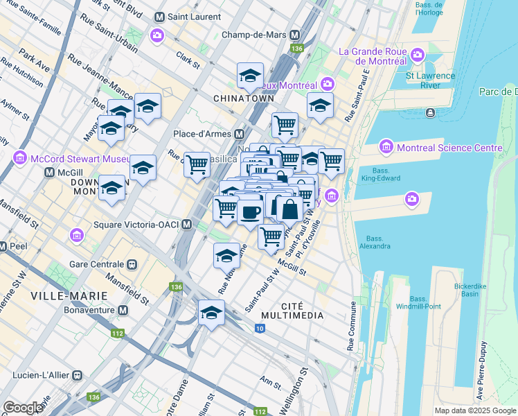 map of restaurants, bars, coffee shops, grocery stores, and more near 287 Rue Notre Dame Ouest in Montréal