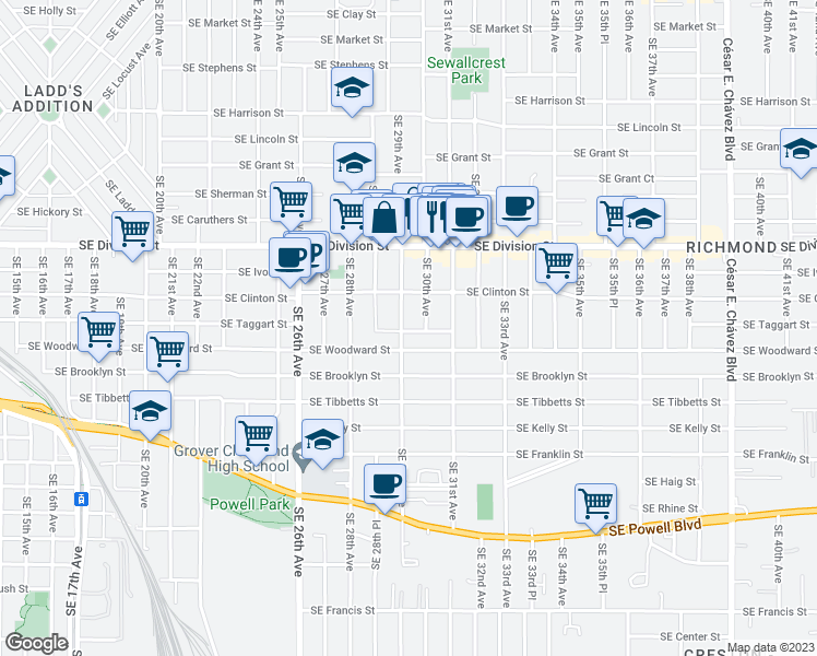 map of restaurants, bars, coffee shops, grocery stores, and more near 2905 Southeast Taggart Street in Portland
