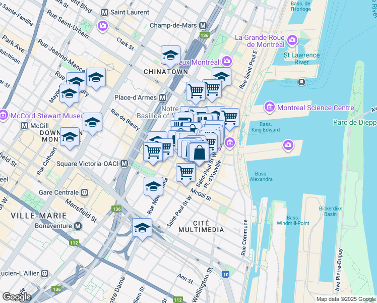 map of restaurants, bars, coffee shops, grocery stores, and more near in Montreal