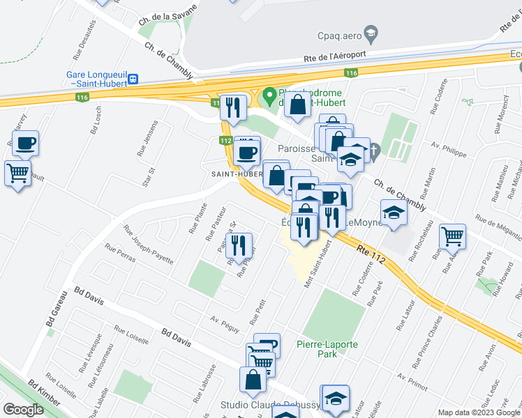 map of restaurants, bars, coffee shops, grocery stores, and more near 5055 Boulevard Cousineau in Longueuil
