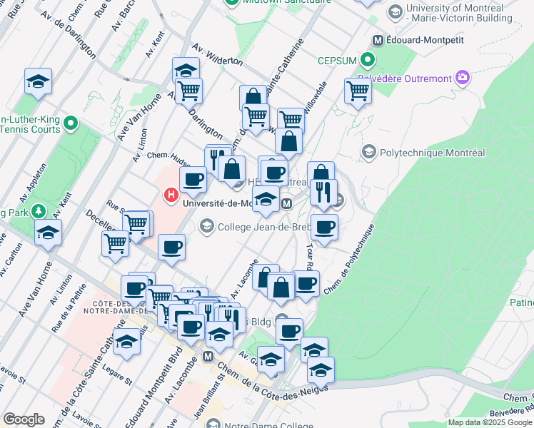 map of restaurants, bars, coffee shops, grocery stores, and more near 2950 Edouard Montpetit Boulevard in Montreal
