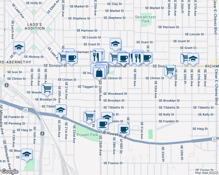map of restaurants, bars, coffee shops, grocery stores, and more near 2804 Southeast 27th Avenue in Portland