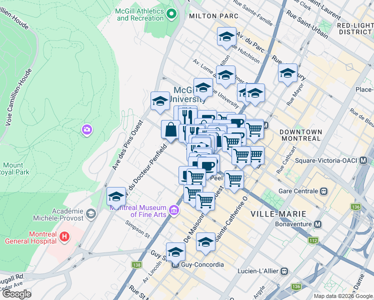 map of restaurants, bars, coffee shops, grocery stores, and more near 3460 Rue Peel in Montréal