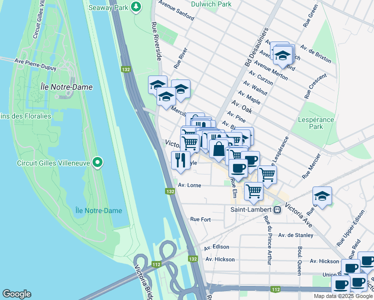 map of restaurants, bars, coffee shops, grocery stores, and more near 353 Avenue Victoria in Saint-Lambert