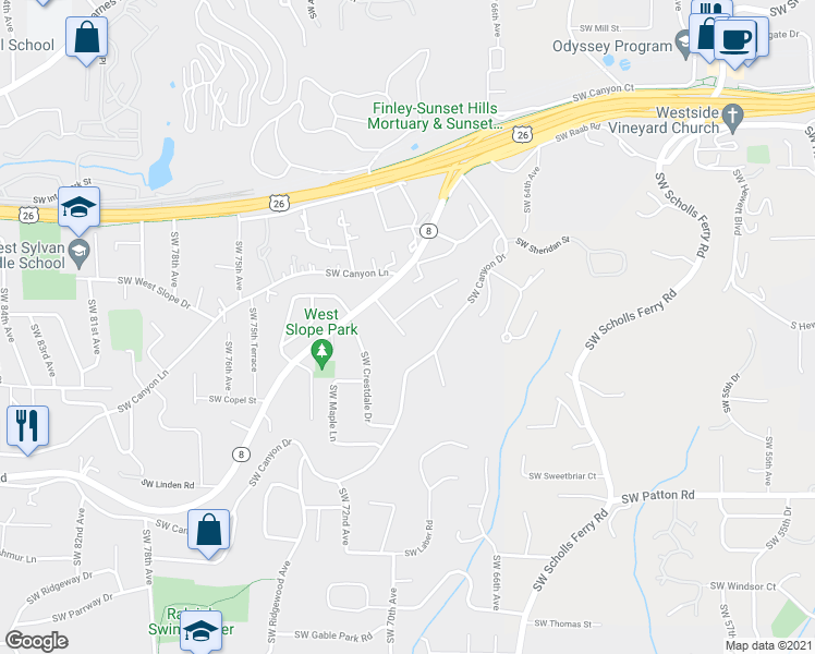 map of restaurants, bars, coffee shops, grocery stores, and more near 7020 Southwest Canyon Crest in Portland
