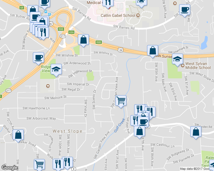 map of restaurants, bars, coffee shops, grocery stores, and more near 2390 Southwest Timberline Drive in Portland