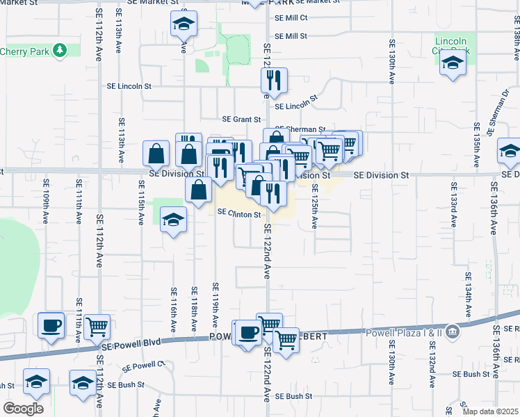 map of restaurants, bars, coffee shops, grocery stores, and more near 2613 Southeast 122nd Avenue in Portland