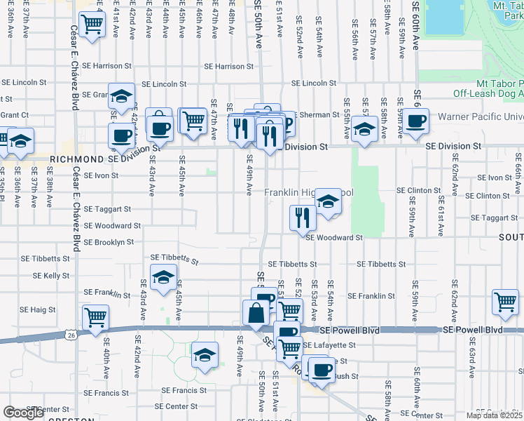 map of restaurants, bars, coffee shops, grocery stores, and more near 2744 Southeast 49th Avenue in Portland