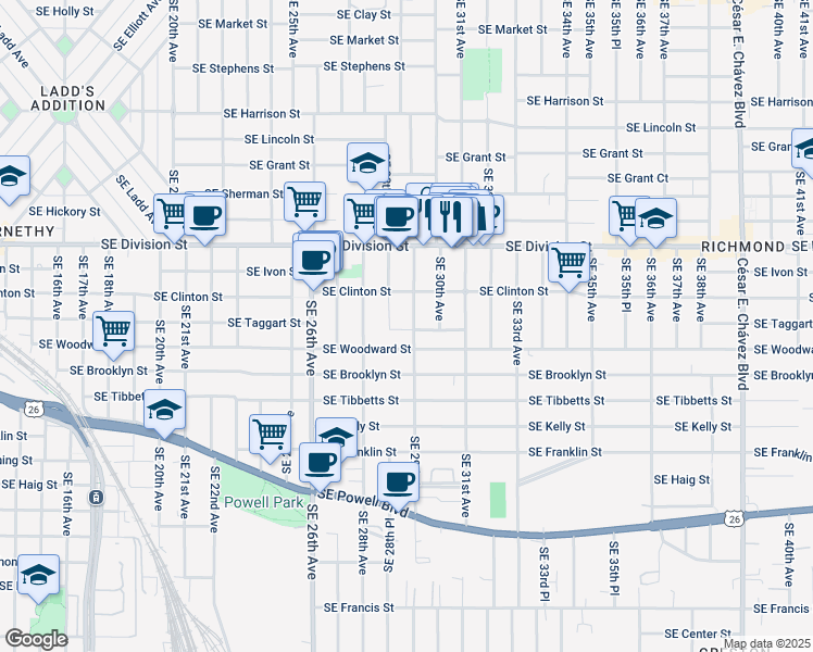 map of restaurants, bars, coffee shops, grocery stores, and more near 2907 Southeast Taggart Street in Portland