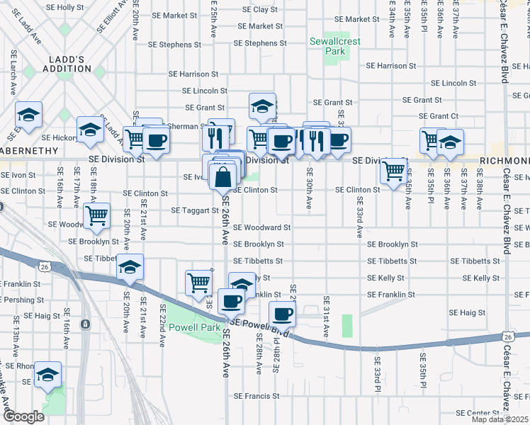 map of restaurants, bars, coffee shops, grocery stores, and more near 2815 Southeast 28th Place in Portland