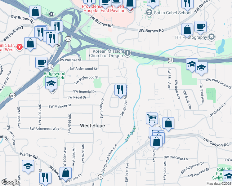 map of restaurants, bars, coffee shops, grocery stores, and more near 2390 Southwest Timberline Drive in Portland