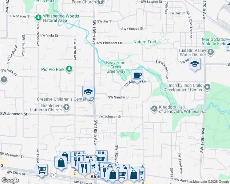 map of restaurants, bars, coffee shops, grocery stores, and more near 18280 Southwest Augusta Lane in Beaverton