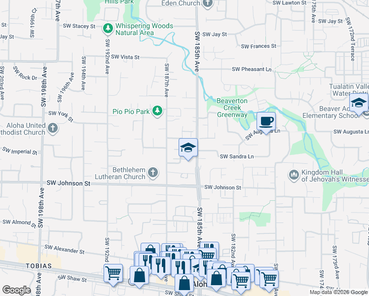 map of restaurants, bars, coffee shops, grocery stores, and more near 18526 Southwest Takena Court in Beaverton