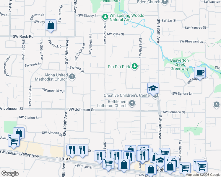 map of restaurants, bars, coffee shops, grocery stores, and more near 19093 Southwest Fernshire Lane in Aloha