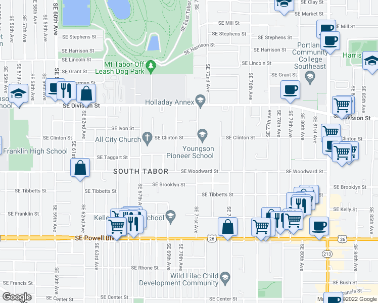 map of restaurants, bars, coffee shops, grocery stores, and more near 7049 Southeast Taggart Street in Portland
