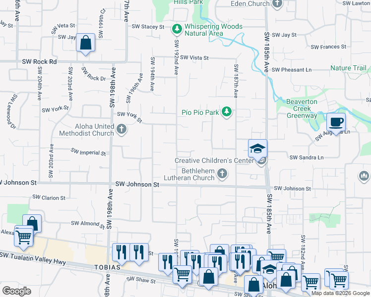 map of restaurants, bars, coffee shops, grocery stores, and more near 19093 Southwest Fernshire Lane in Aloha
