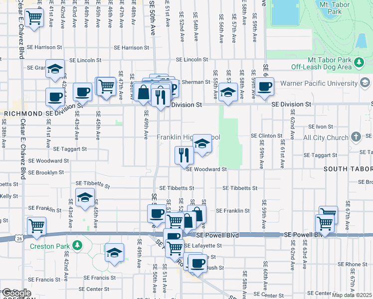 map of restaurants, bars, coffee shops, grocery stores, and more near 2758 Southeast 52nd Avenue in Portland