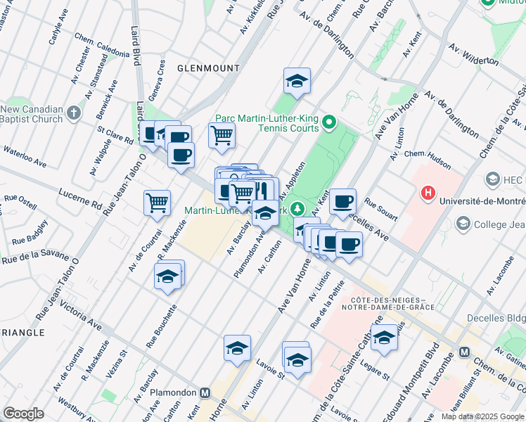 map of restaurants, bars, coffee shops, grocery stores, and more near in Montreal