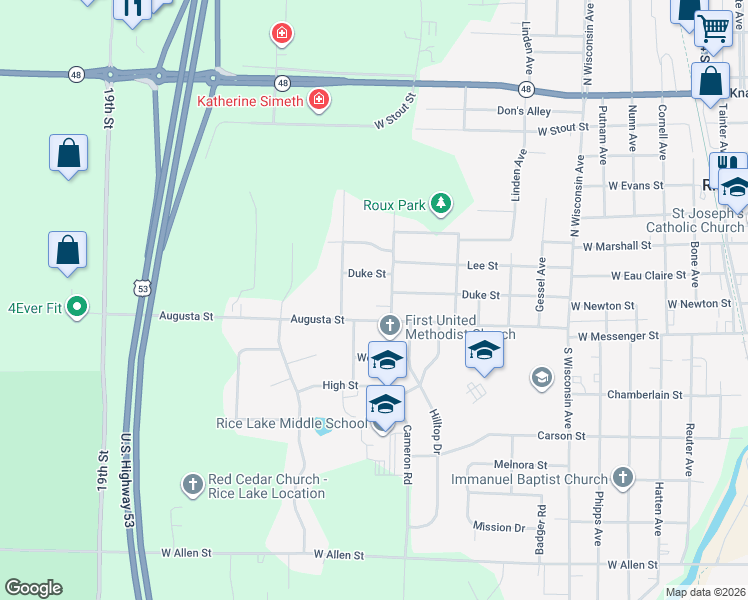 map of restaurants, bars, coffee shops, grocery stores, and more near 102 Havel Road in Rice Lake