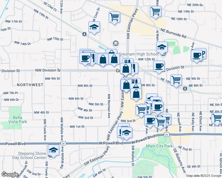 map of restaurants, bars, coffee shops, grocery stores, and more near 740 Northwest Norman Avenue in Gresham