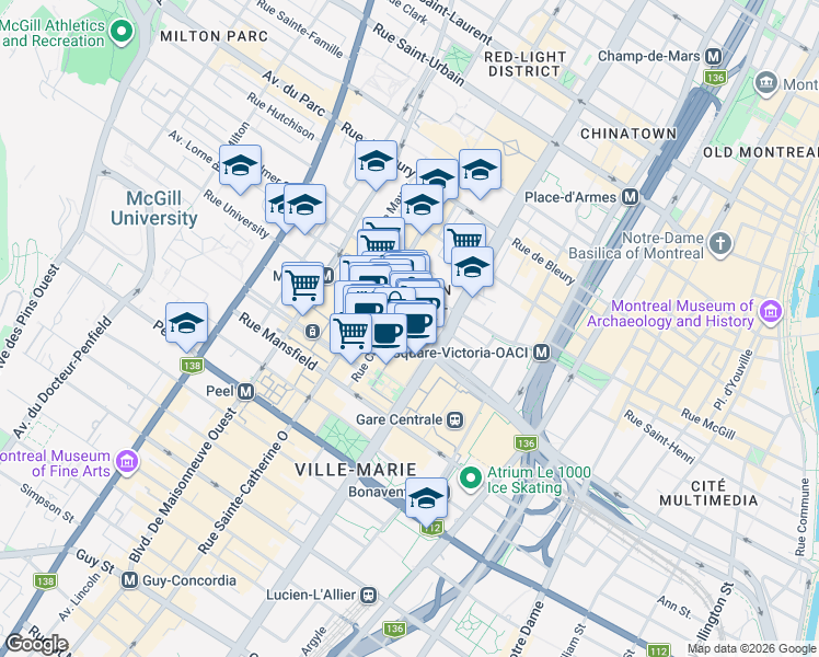 map of restaurants, bars, coffee shops, grocery stores, and more near 1211 Boulevard Robert-Bourassa in Montréal