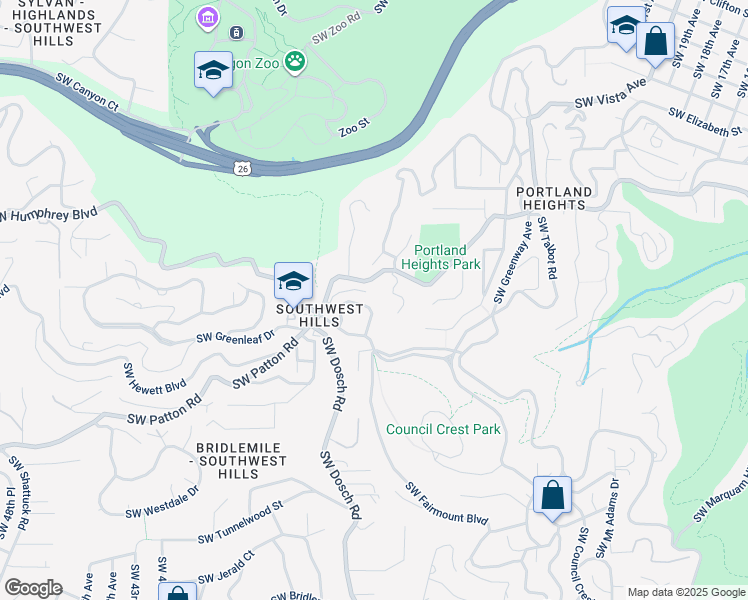map of restaurants, bars, coffee shops, grocery stores, and more near 3425 Southwest Brentwood Drive in Portland