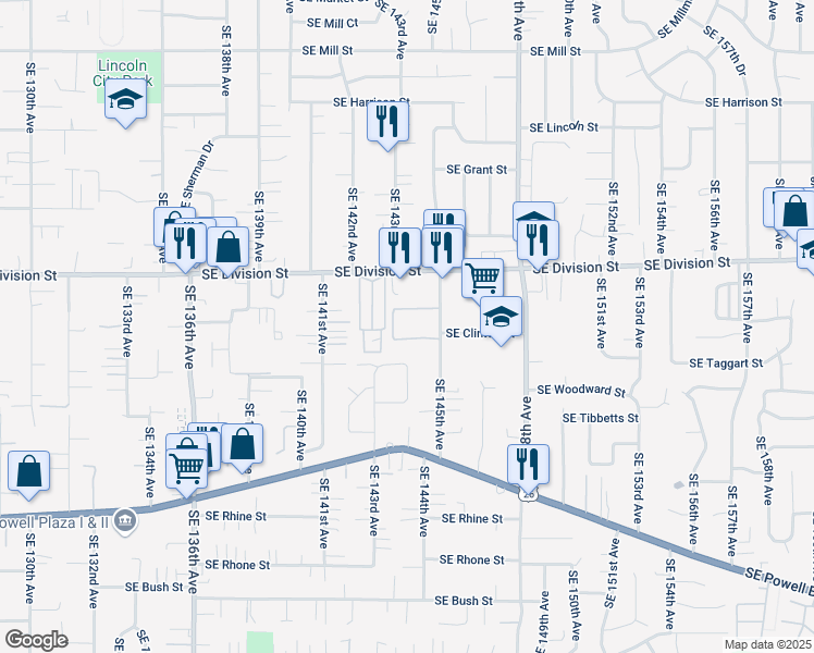 map of restaurants, bars, coffee shops, grocery stores, and more near 2609 Southeast 145th Avenue in Portland
