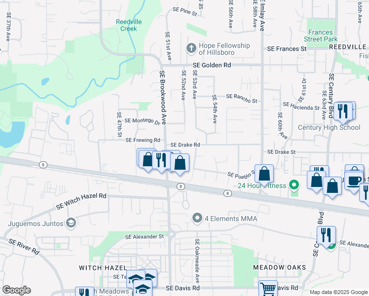 map of restaurants, bars, coffee shops, grocery stores, and more near 5170 Southeast Drake Road in Hillsboro