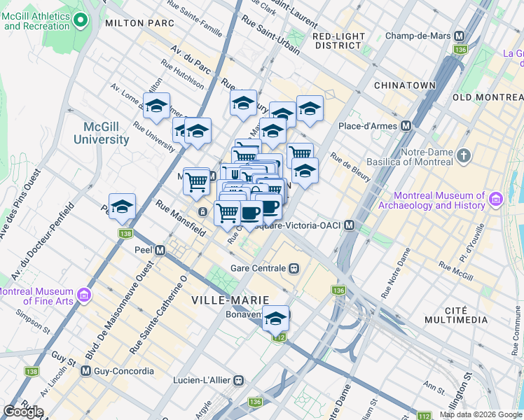 map of restaurants, bars, coffee shops, grocery stores, and more near 1225 Boulevard Robert-Bourassa in Montréal