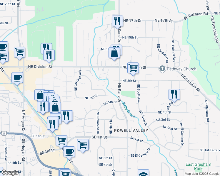 map of restaurants, bars, coffee shops, grocery stores, and more near 3115 Northeast 7th Court in Gresham