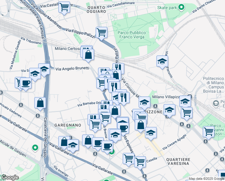 map of restaurants, bars, coffee shops, grocery stores, and more near 158 Via Varesina in Milano