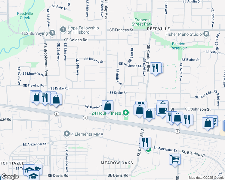 map of restaurants, bars, coffee shops, grocery stores, and more near 5911 Southeast Drake Street in Hillsboro