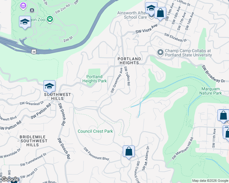 map of restaurants, bars, coffee shops, grocery stores, and more near 2710 Southwest Talbot Road in Portland