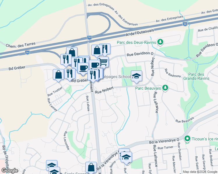 map of restaurants, bars, coffee shops, grocery stores, and more near 511 Rue Nobert in Gatineau