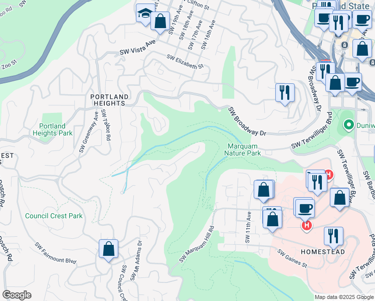 map of restaurants, bars, coffee shops, grocery stores, and more near 2744 Southwest Sherwood Drive in Portland