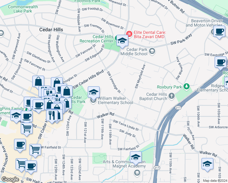 map of restaurants, bars, coffee shops, grocery stores, and more near 11670 Southwest Lynnridge Street in Portland